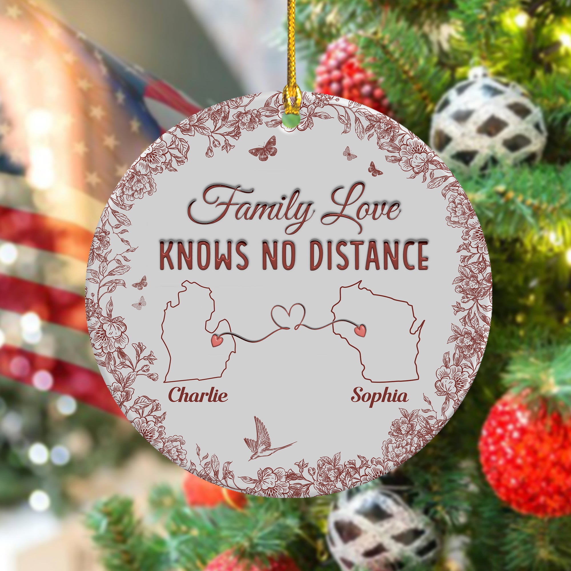 Family Love Knows No Distance Toile De Jouy Style Personalized 3D Inflated Effect Ceramic Ornament HO82 894746