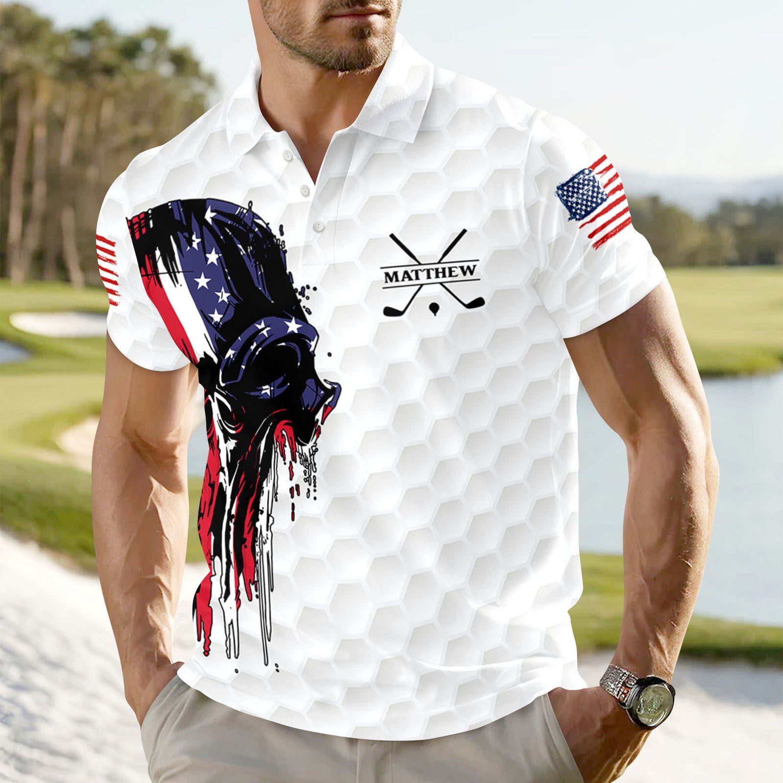 Personalized American Skull Flag Polo Shirt Gift For Golfer, Golf Lovers CH07 899870