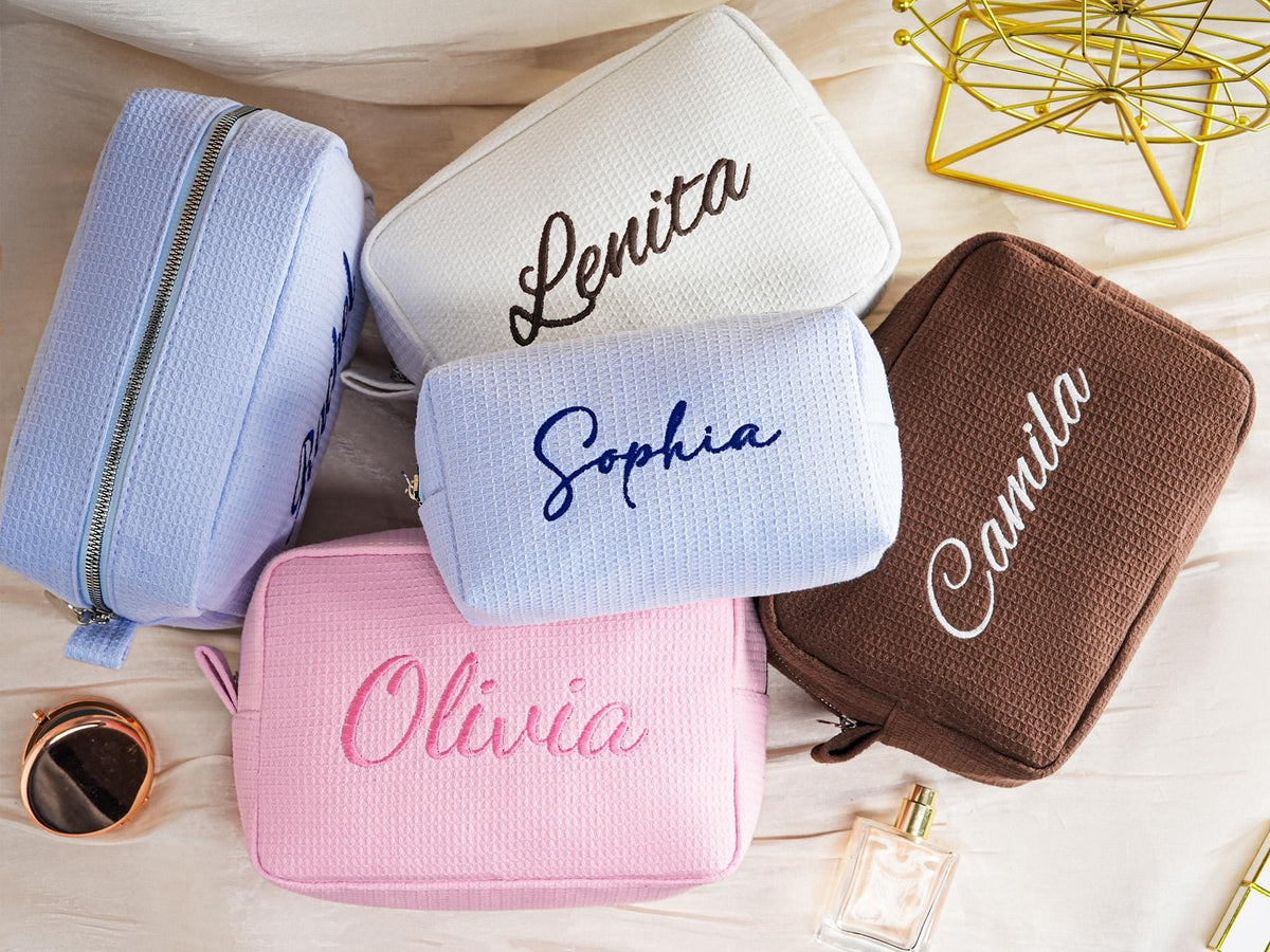 Personalized Name Embroidered Waffle Cosmetic Bag - Gift For Mom, Girlfriend, Women, Bridesmaid Gift LM32 899547