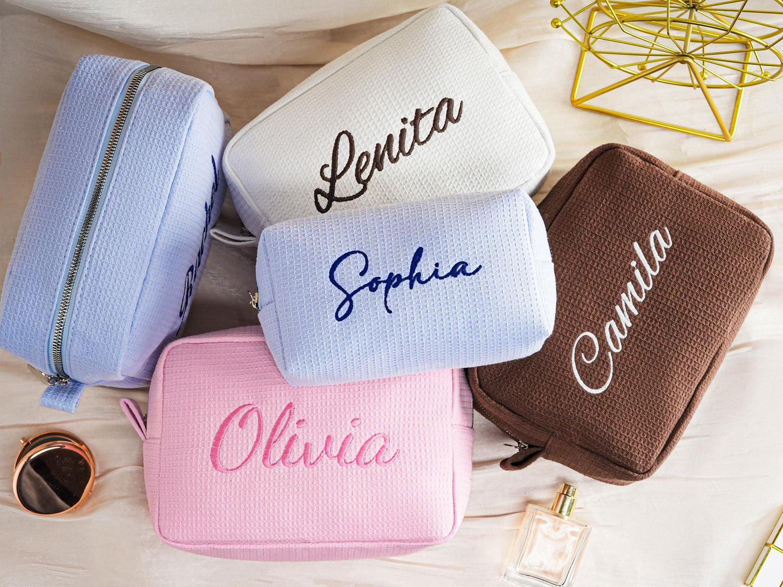 Personalized Name Embroidered Waffle Cosmetic Bag - Gift For Mom, Girlfriend, Women, Bridesmaid Gift LM32 899547
