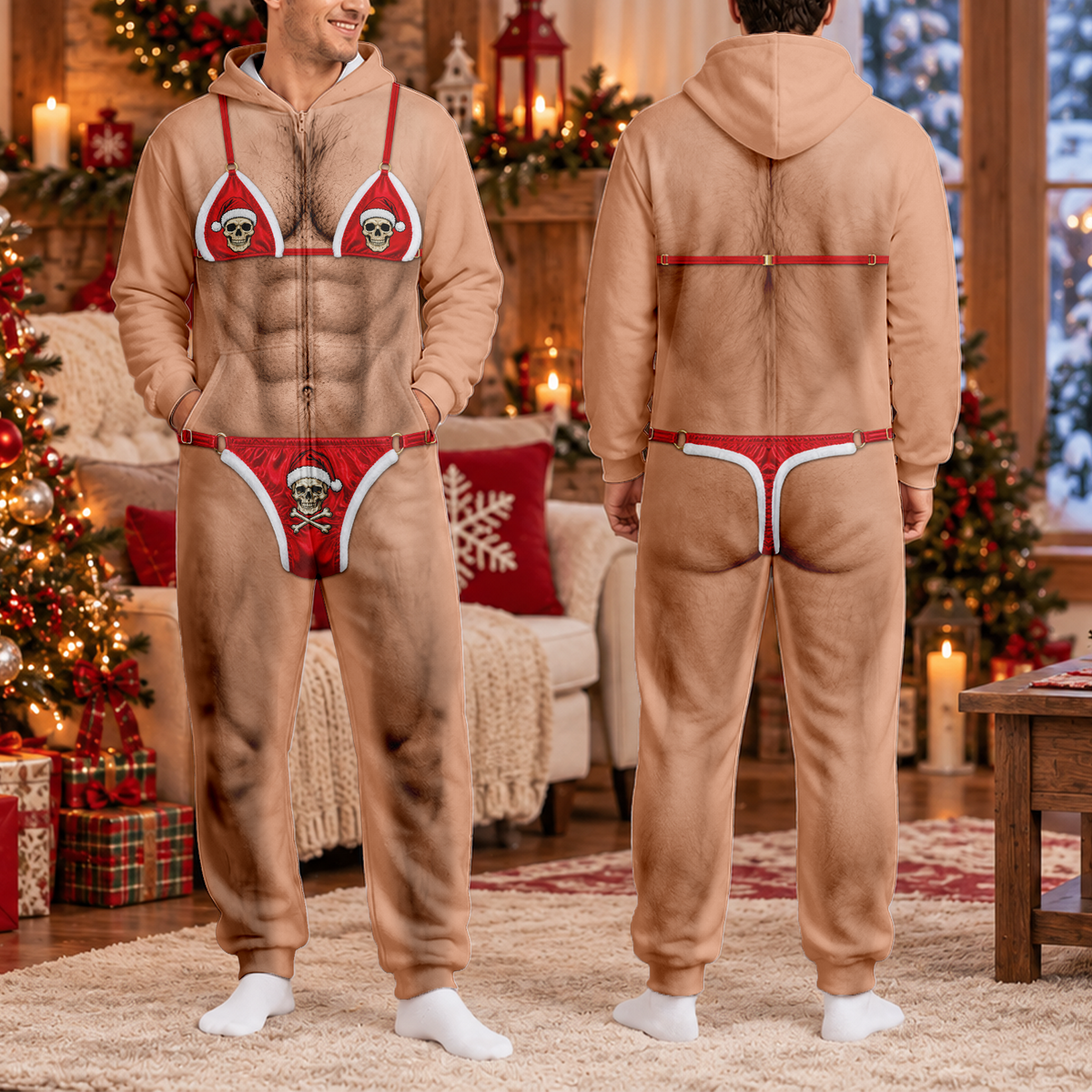 Funny Christmas Santa Bikini Onesie Pajamas Hairy Body Funny Gag Gift CH07 180580