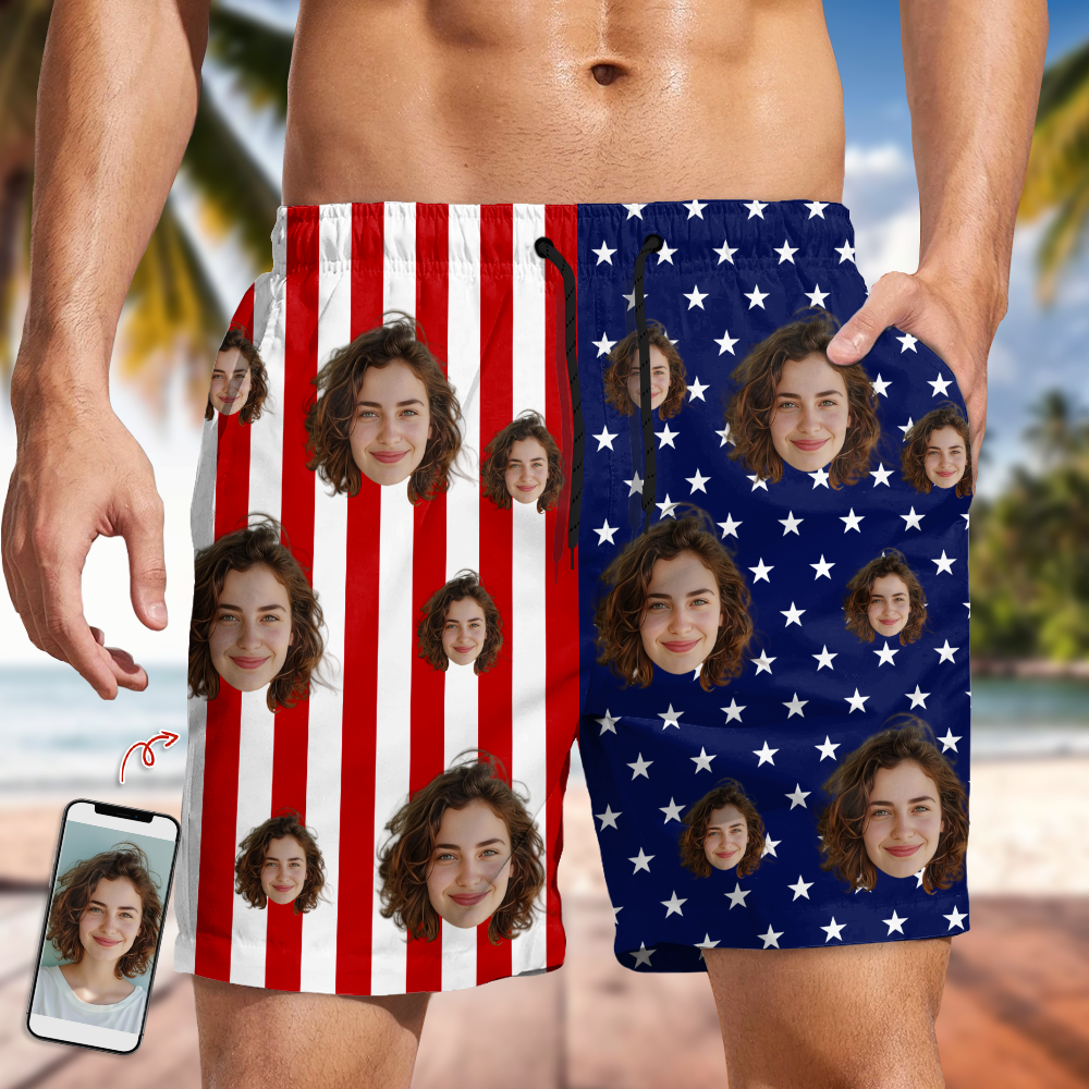 Personalized Face Swim Trunks – Custom Photo American Flag Beach Shorts for Men Beach Short LM32 899879