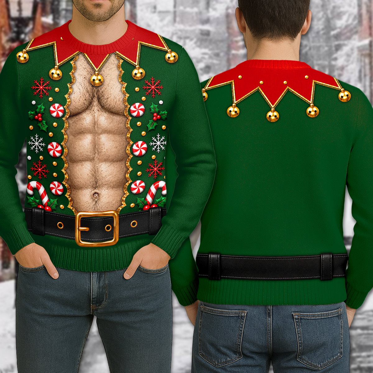 Funny Elf Shirtless Body Illusion Ugly Sweater TH10 171041