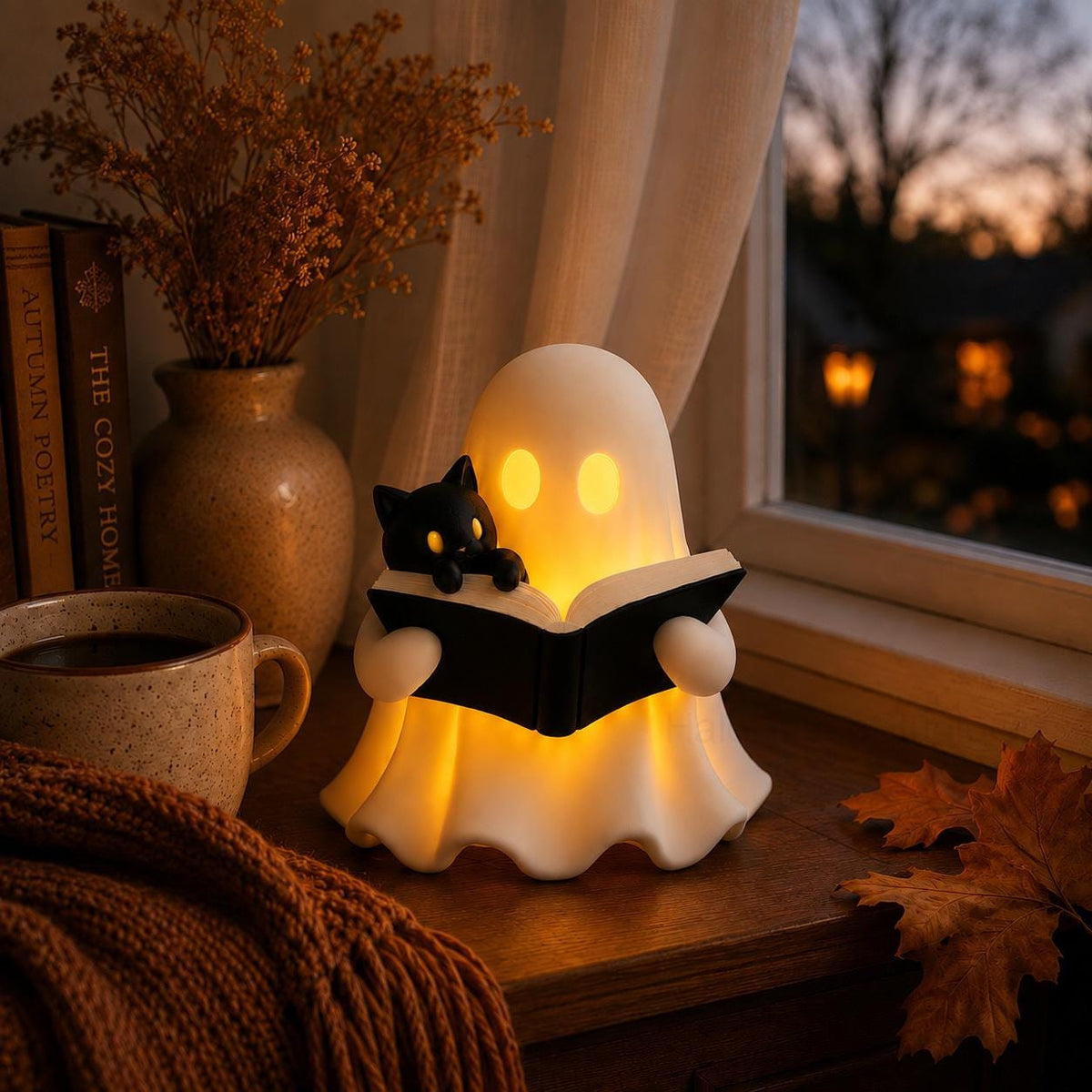 3D Reading Ghost Figurine with Black Cat, LED Tealight Halloween Decor LM32 670039