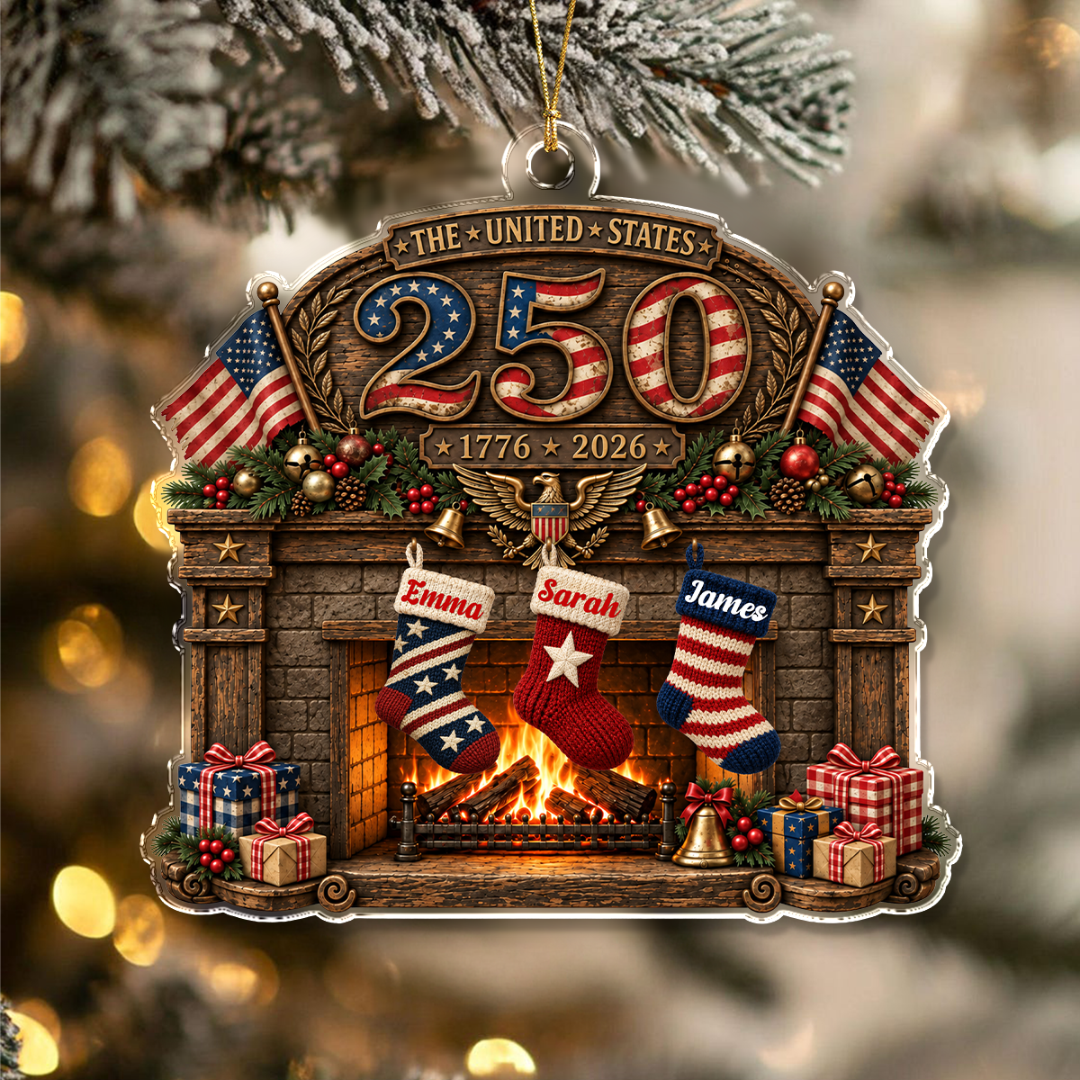 Personalized Custom Family Name Patriotic Christmas Fireplace Stocking 250th Anniversary Acrylic Ornament For Family TH10 171039