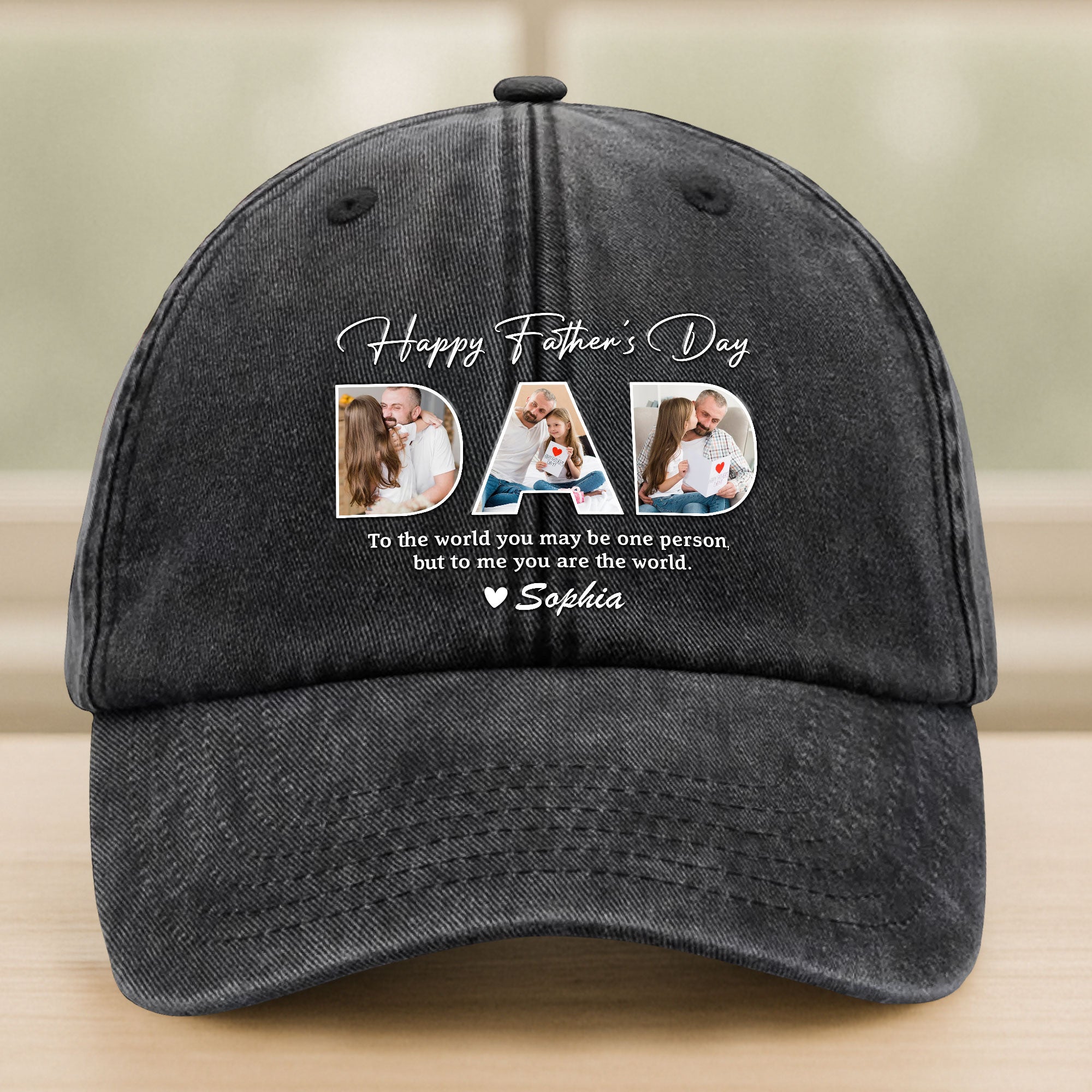 Custom Photo Happy Father's Day To Me You Are The World Washed Denim Baseball Cap Gift For Dad HO82 893944