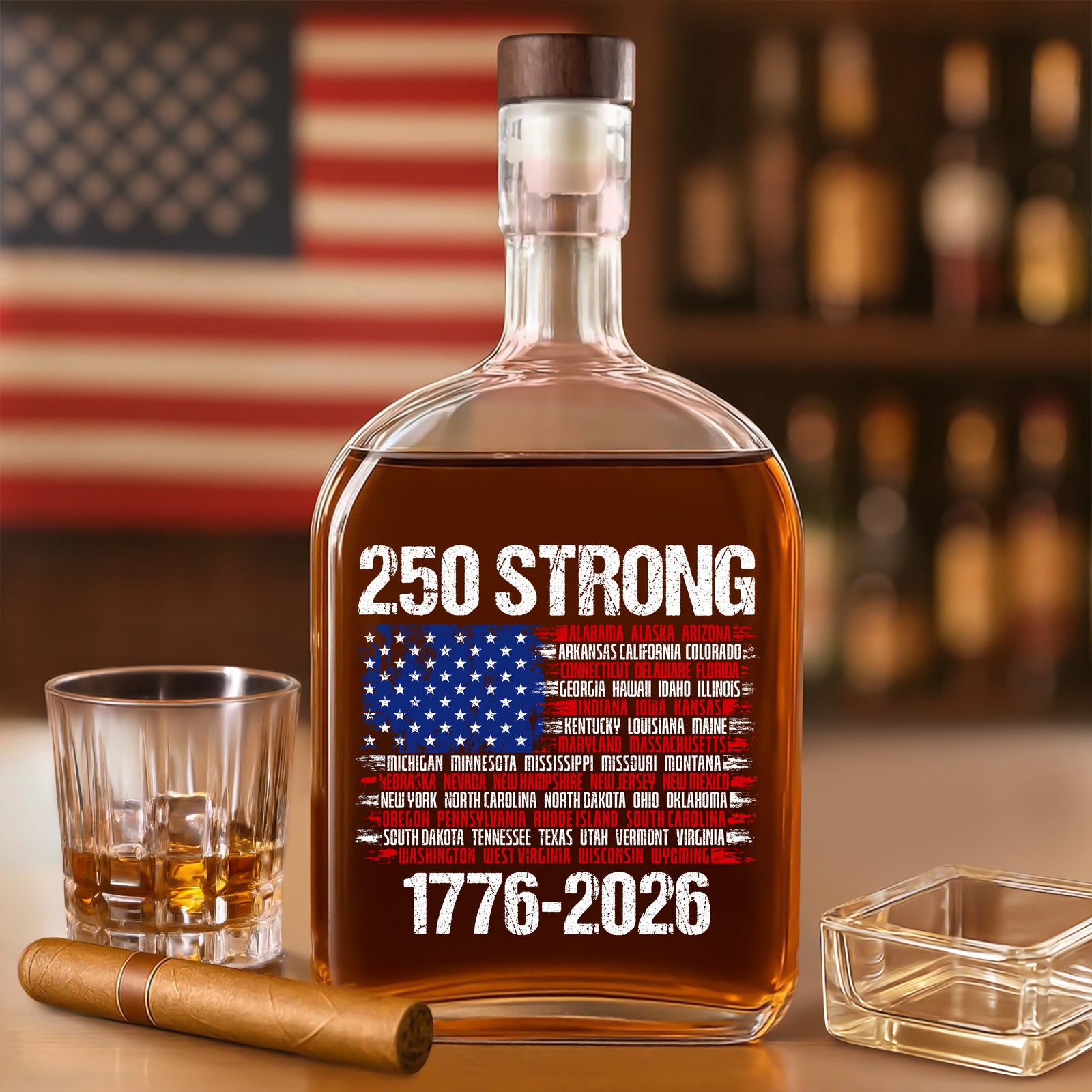 USA 250 Strong Flag American States Patriotic Whiskey Bottle LM32 895245