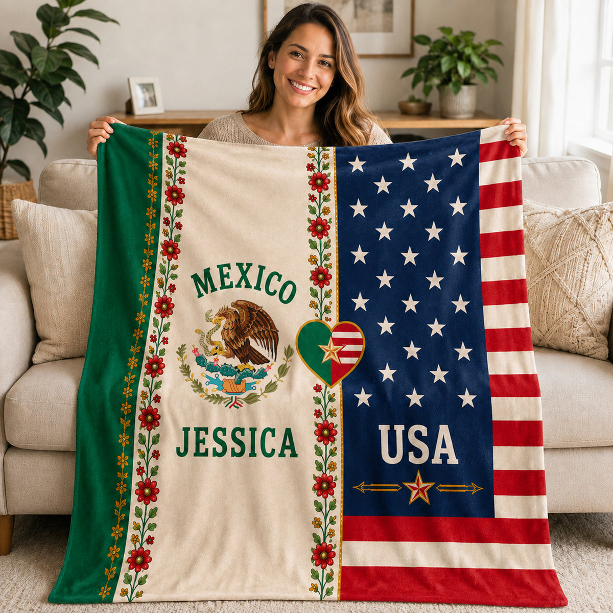 Mexican American Flag Fleece Blanket, Patriotic Gift for Mexican American Families K228 921868