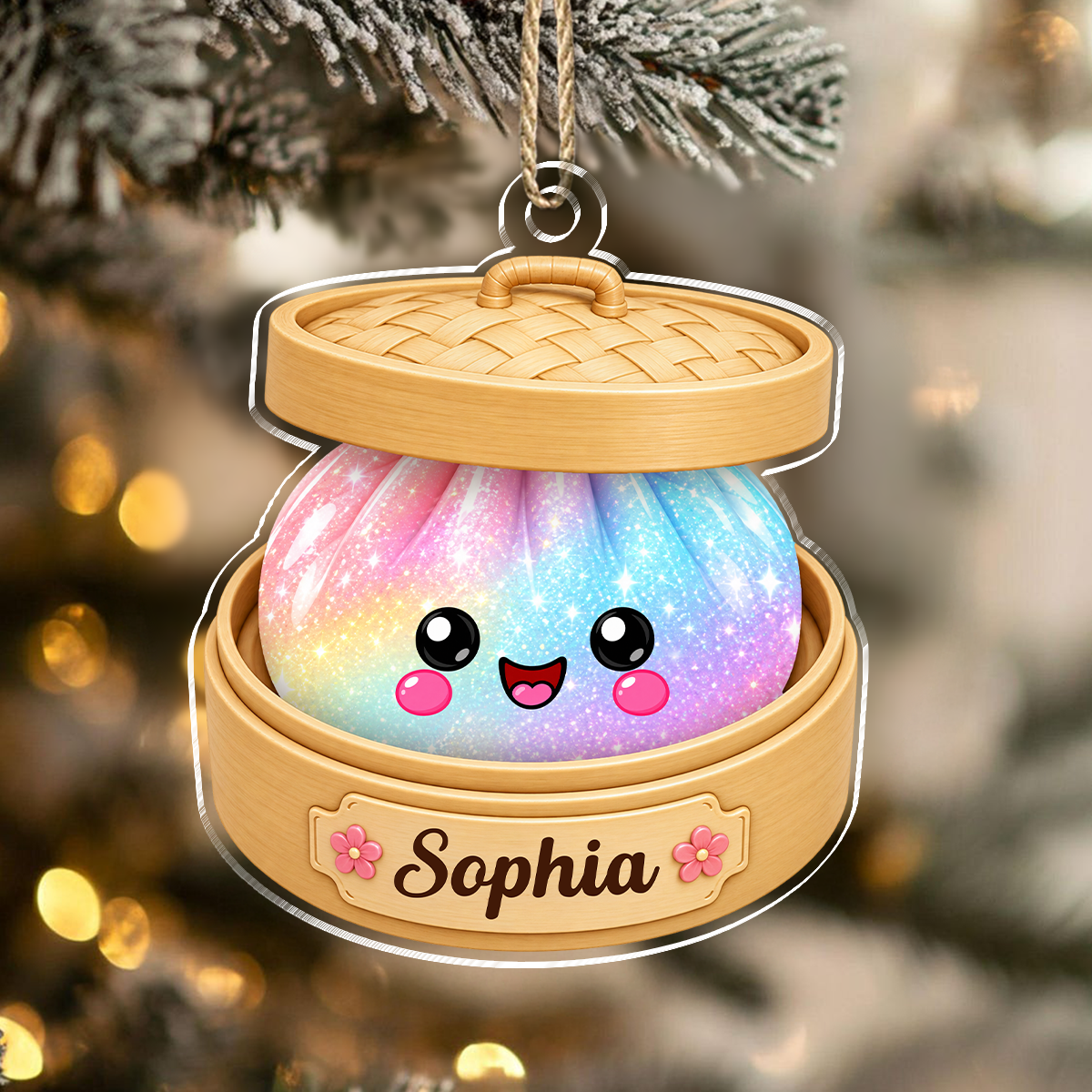 Personalized Glitter Dumpling Bamboo Steamer Acrylic Ornament, Food Lover Holiday Keepsake HO82 903732