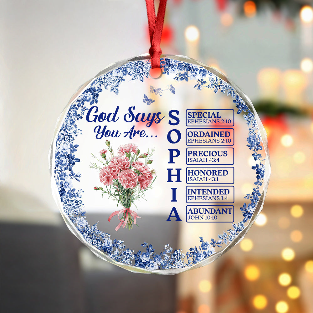 Personalized Name Letter God Says I Am Flower Toile De Jouy Style Glass Ornament LM32 895363