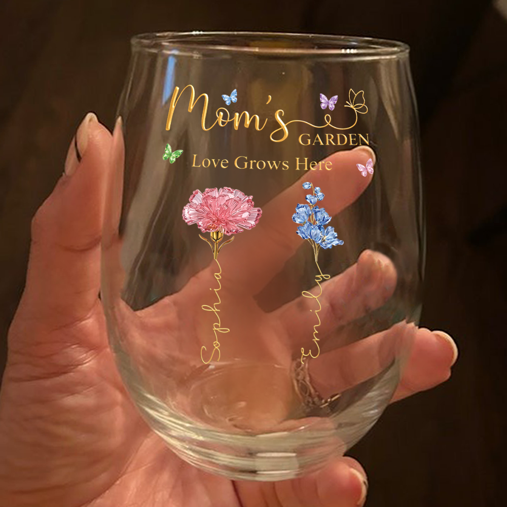 Custom Name Mom's Garden Love Grows Here Wine Glass, Personalized Birth Flower Gift for Mom CH07 911212