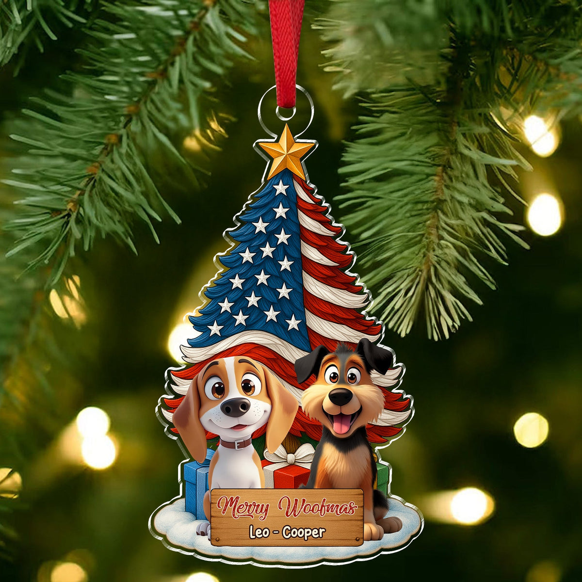 Custom Cute 3D Dog US Flag Christmas Tree Acrylic Ornament For Dog Lovers HA75 898066