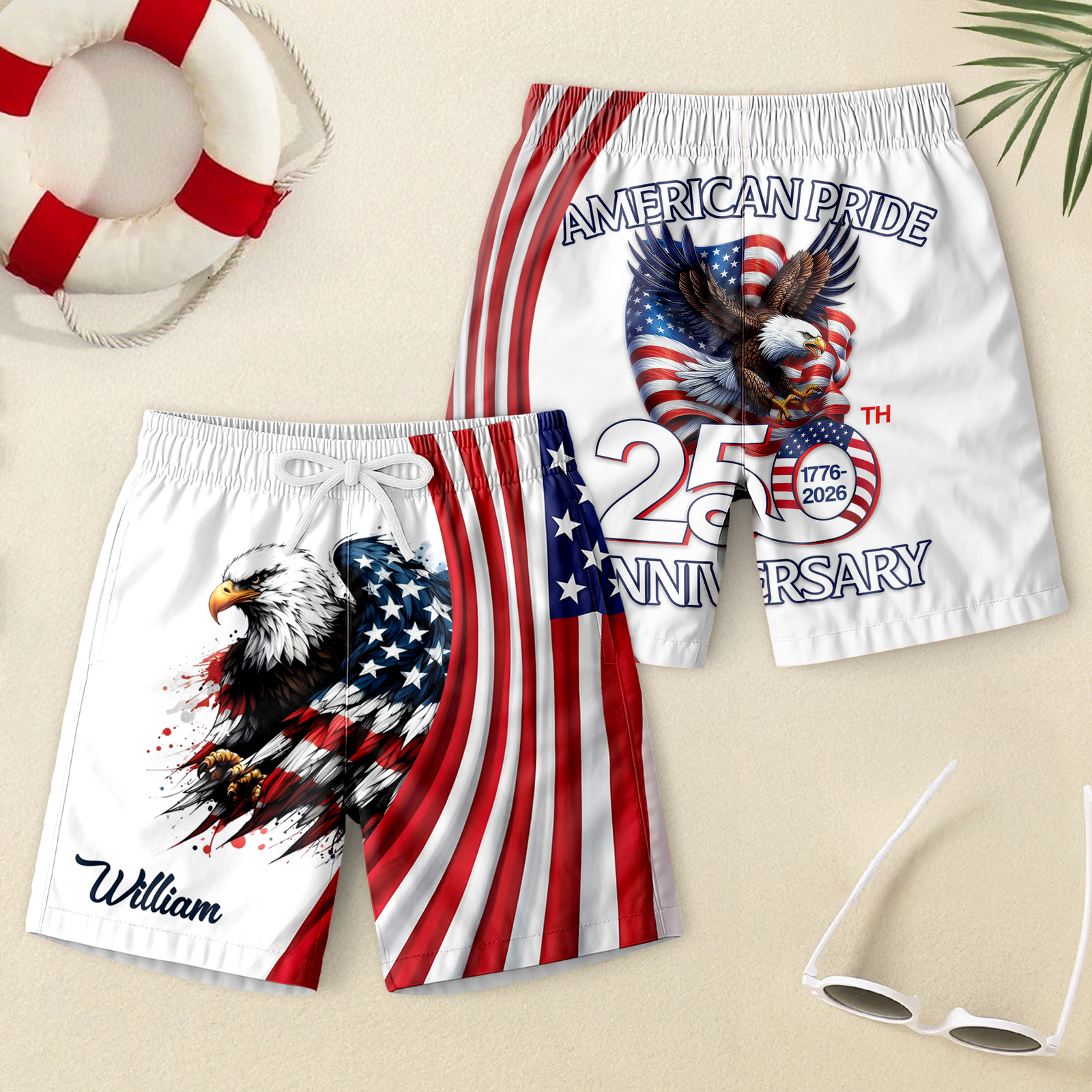 Custom Name America Pride 250 Years Anniversary 1776–2026 Eagle Kid Beach Short TH10 169403