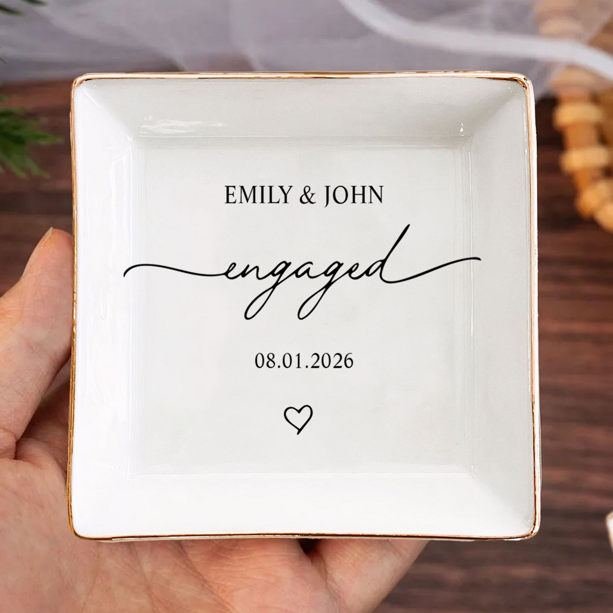 Custom Name Wedding Ring Dish – Personalized Engagement Jewelry Dish for Bride LM32 899253