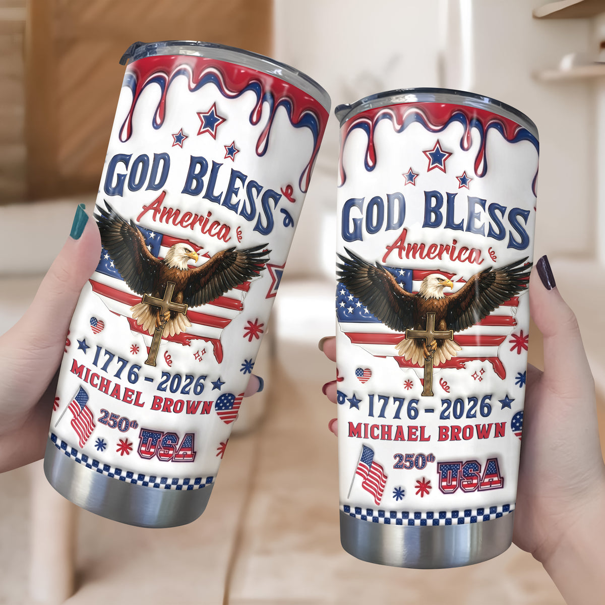Personalized God Bless America Patriotic 3D Inflated Effect Fat Tumbler HA75 921092