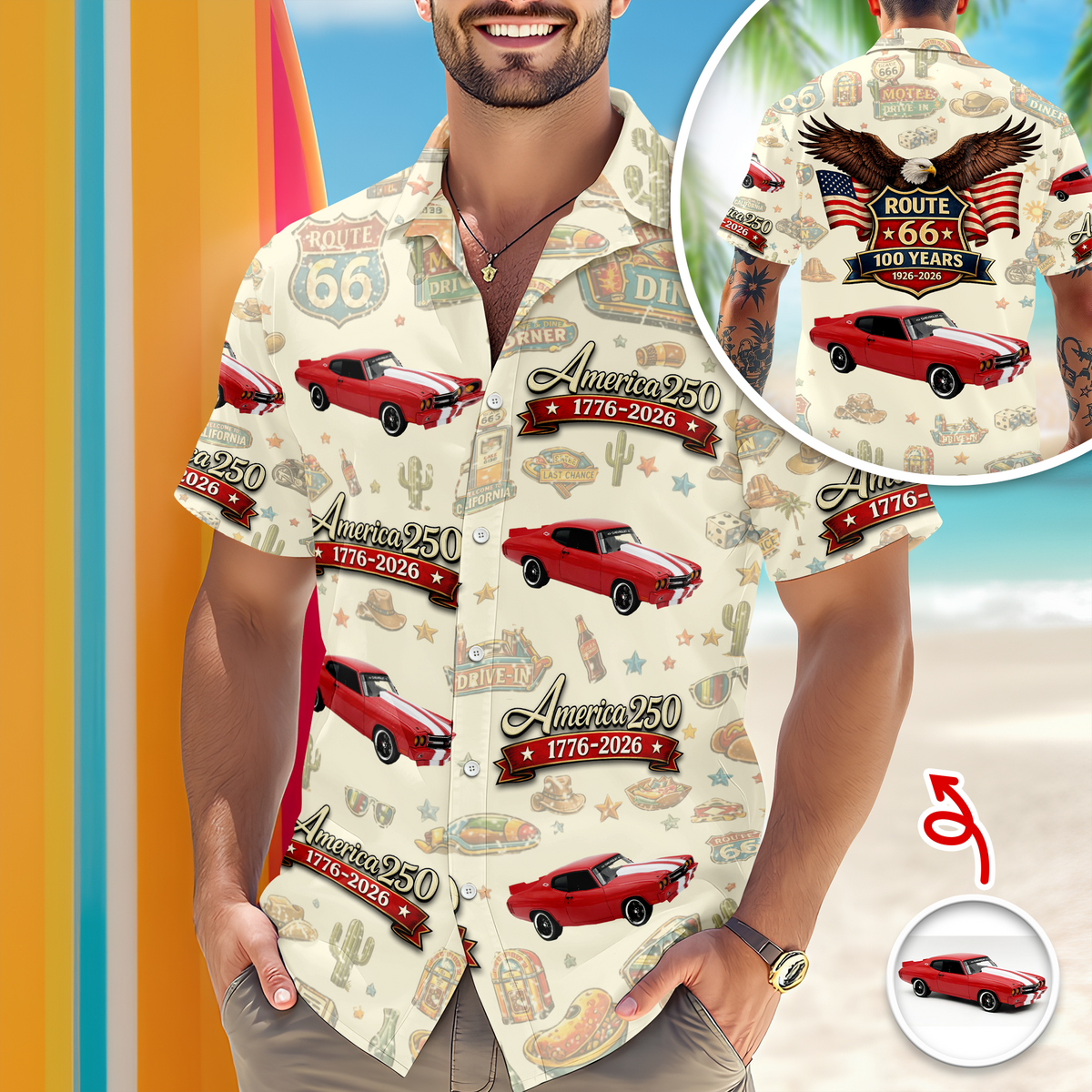Custom Car Photo 100 Years of Route 66 and America 250th Anniversary Hawaii Shirt CH07 910502