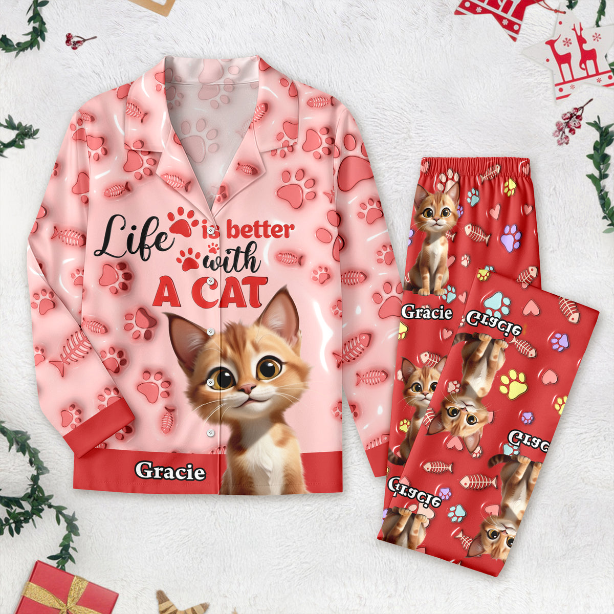 Custom Cat Name Life Is Better With Cats 3D Effect Pajamas LM32 895933