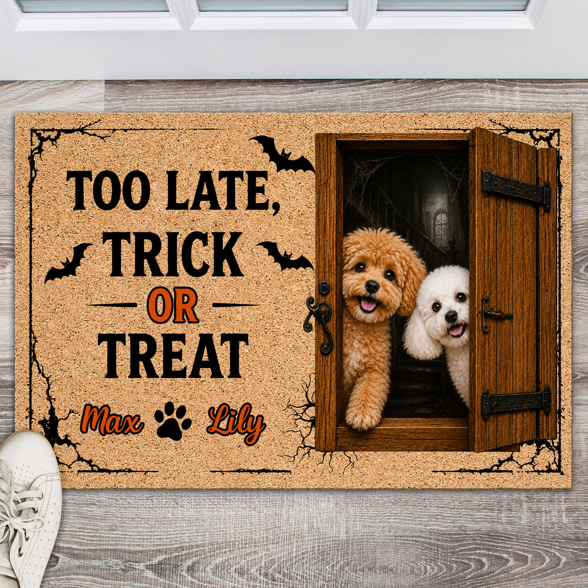 Custom Dog Photo You're Too Late, Trick or Treat Halloween Doormat LM32 669575