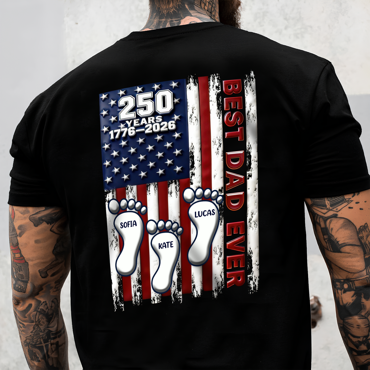 America 250 Best Dad Ever Back Shirt, Custom Footprint Kids Names T-Shirt For Dad CH07 910994