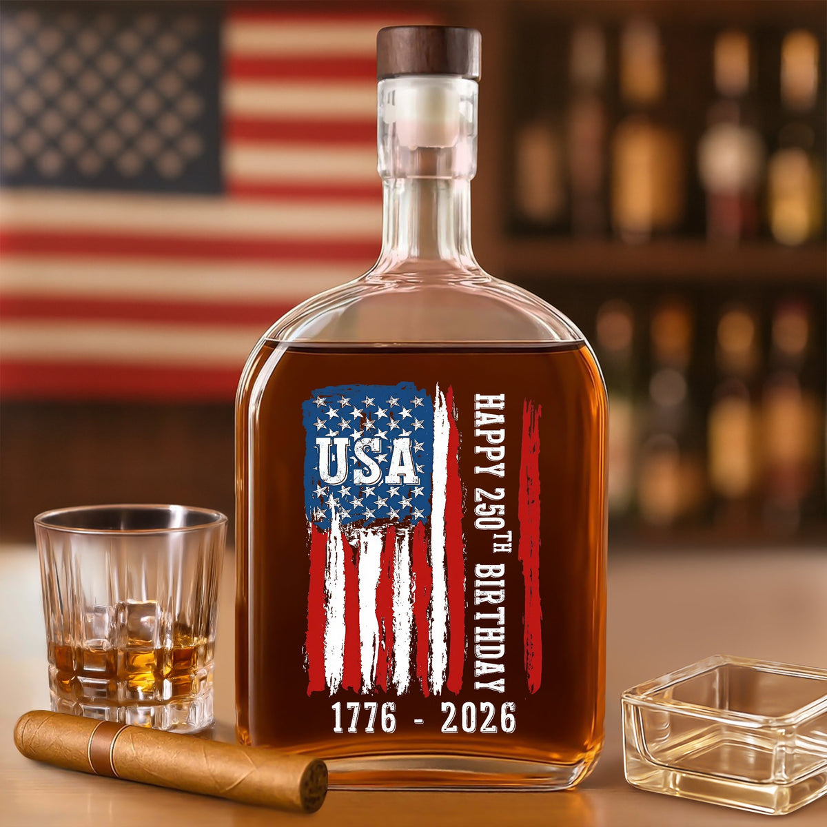 Happy 250th Birthday America Flag Whiskey Bottle LM32 895291