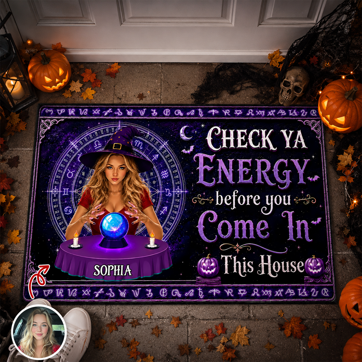 Custom Photo Check Ya Energy Before You Come In This Witch Halloween Welcome Doormat CH07 180176