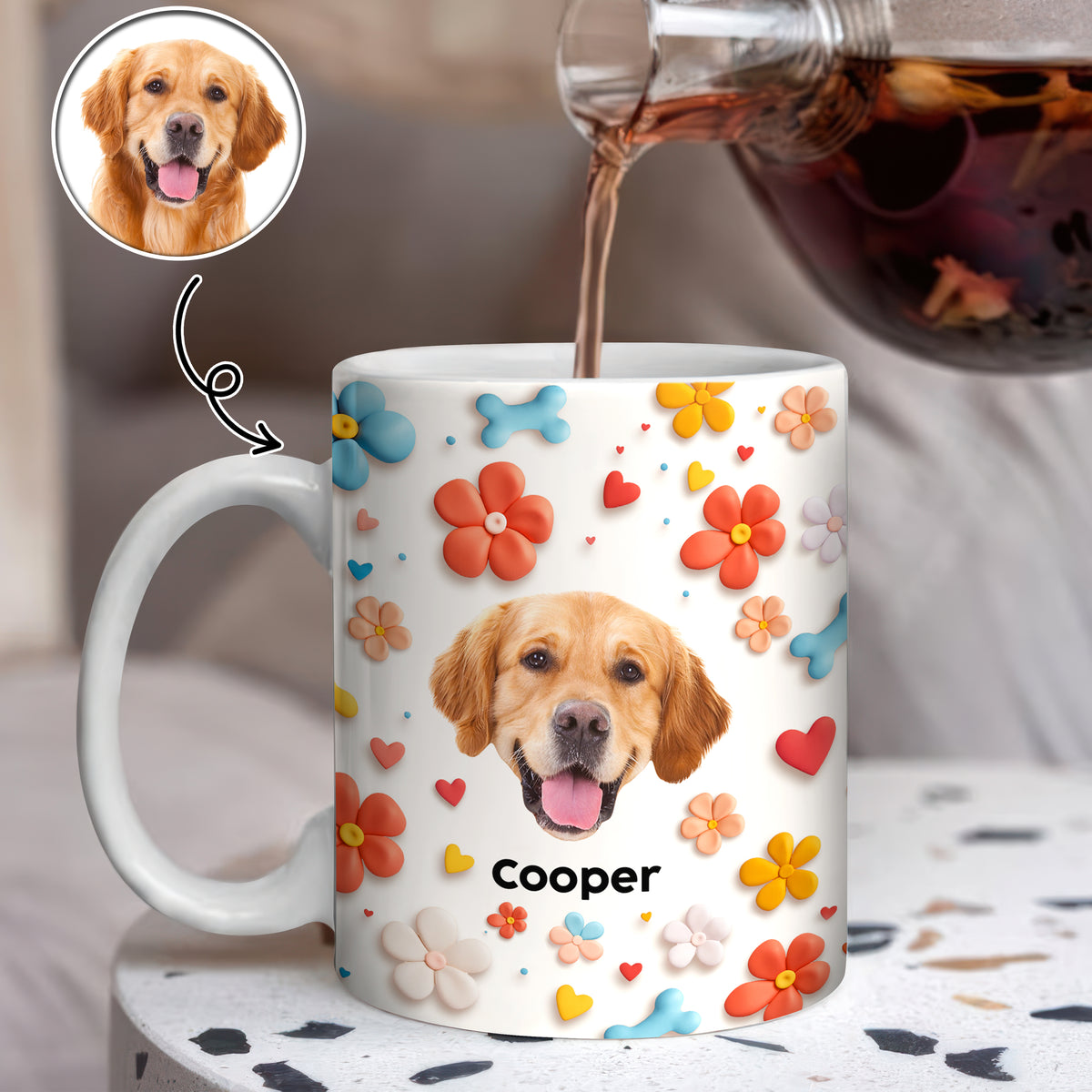 Custom Photo Dog With Flower 3D Inflated Effect Mug TH10 894403