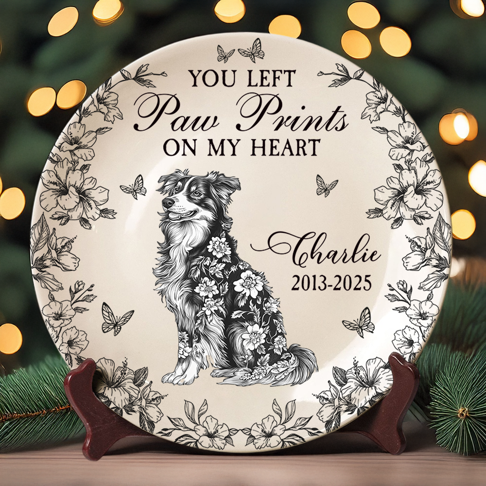 Custom Dog Breeds You Left Paw Prints On My Heart Chinoiserie Toile De Jouy Style Personalized Memorial Ceramic Plate HA75 892652