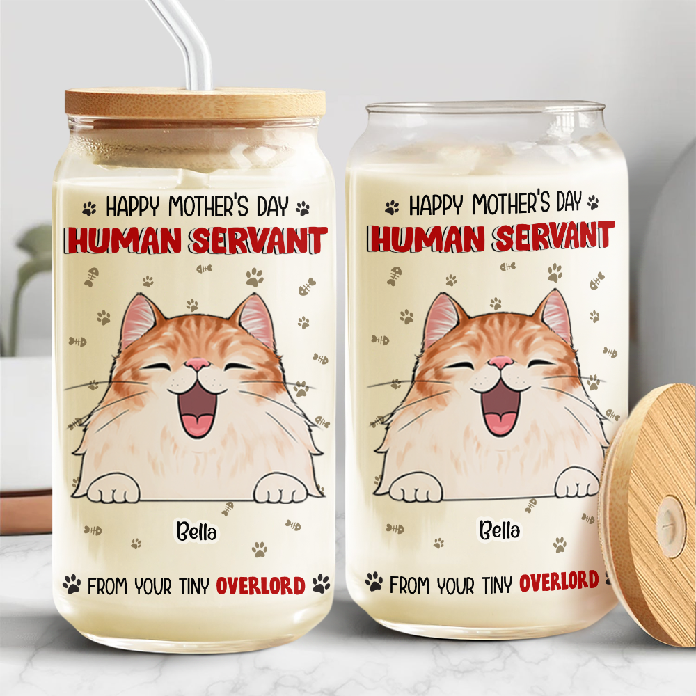 Happy Mother's Day Human Servant Funny Personalized Glass Can With Lid Gift For Cat Lovers CH07 895446