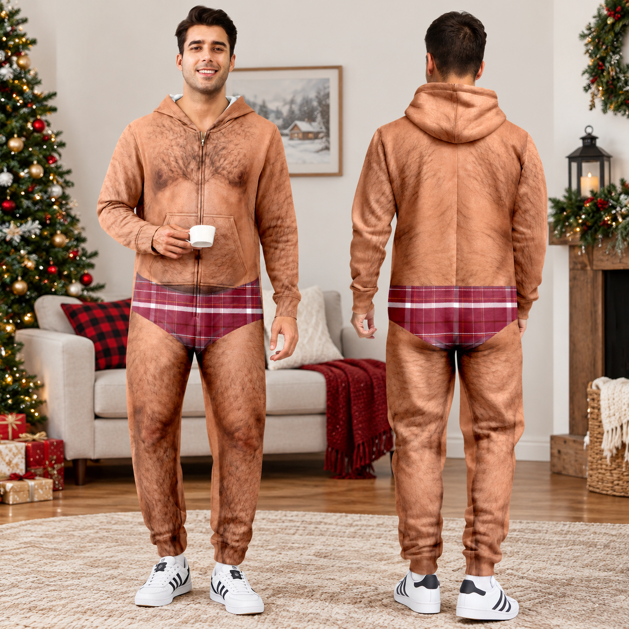 Personalized Funny Hairy Chest Men's Plaid Pattern Underwear Onesie Pajamas HO82 903684