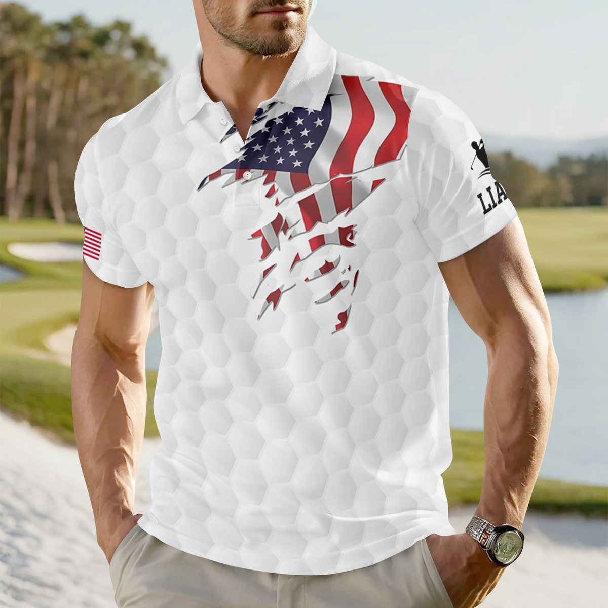 Custom Name Golf Ball Pattern American Flag Polo Shirt, Personalized USA Patriotic Golf Shirt Gift for Men HA75 898578