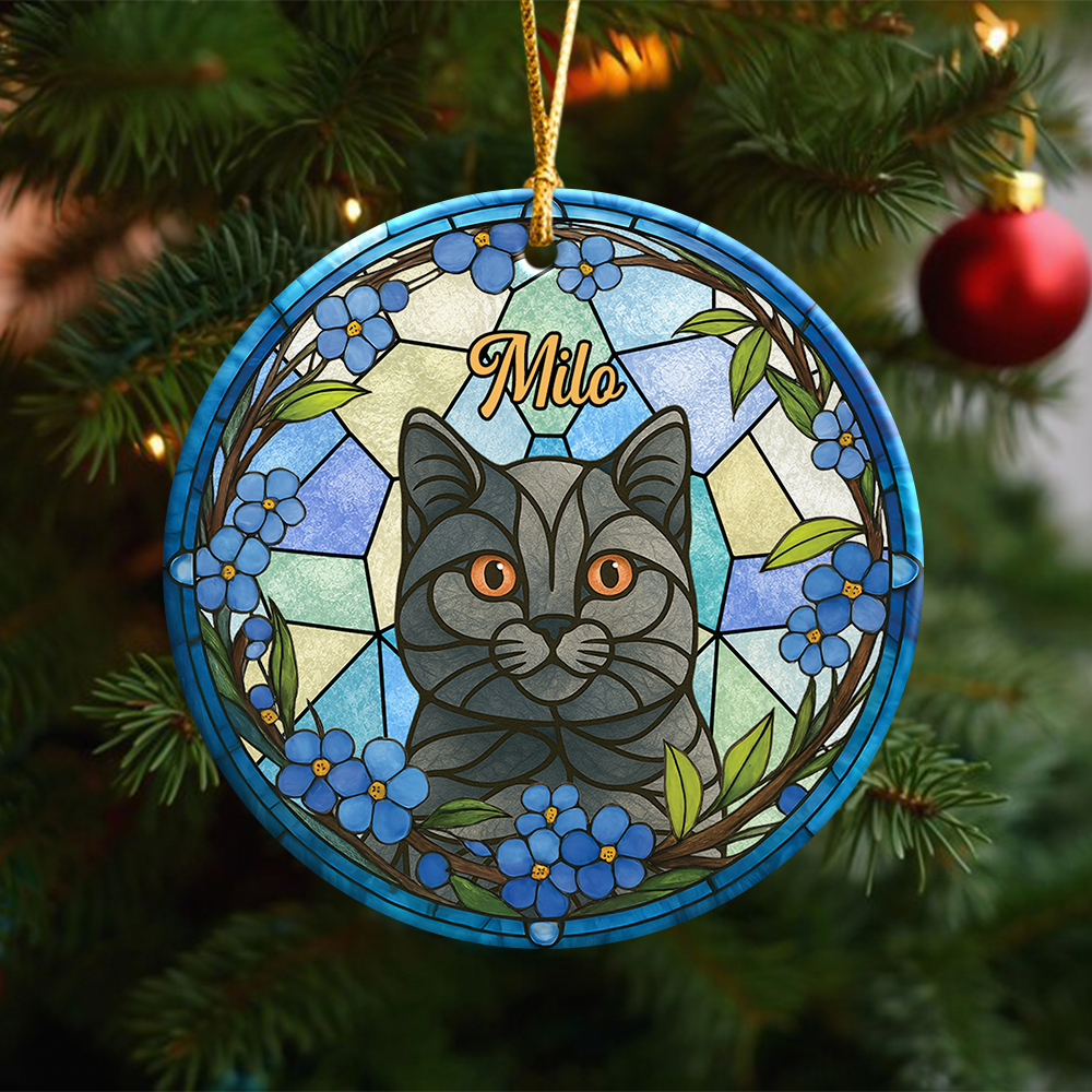 Custom Cat Photo With Flower Memorial Ceramic Ornament - Personalized Gift For Cat Lovers HO82 903328