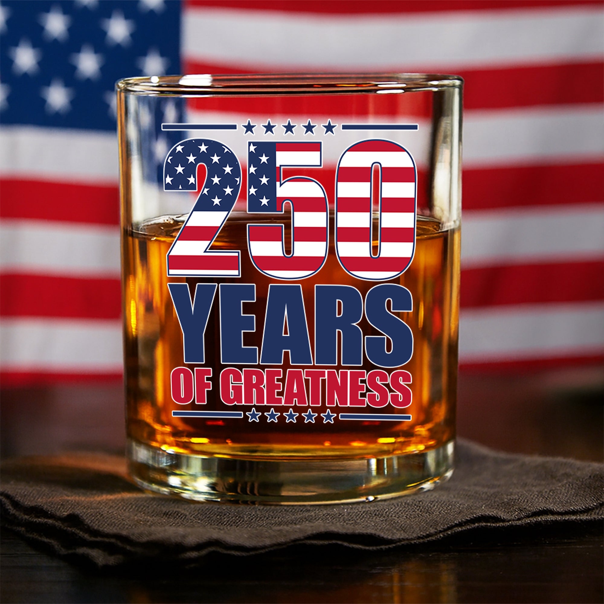 250 Years of Greatness USA Flag Patriotic 1776-2026 Anniversary Whiskey Glass LM32 895223