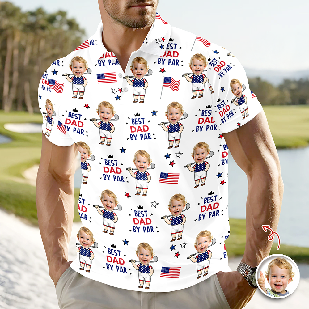 Custom Photo Best Dad By Par Funny Kid US Flag Polo Shirt - Personalized Father's Day Gift HA75 921146