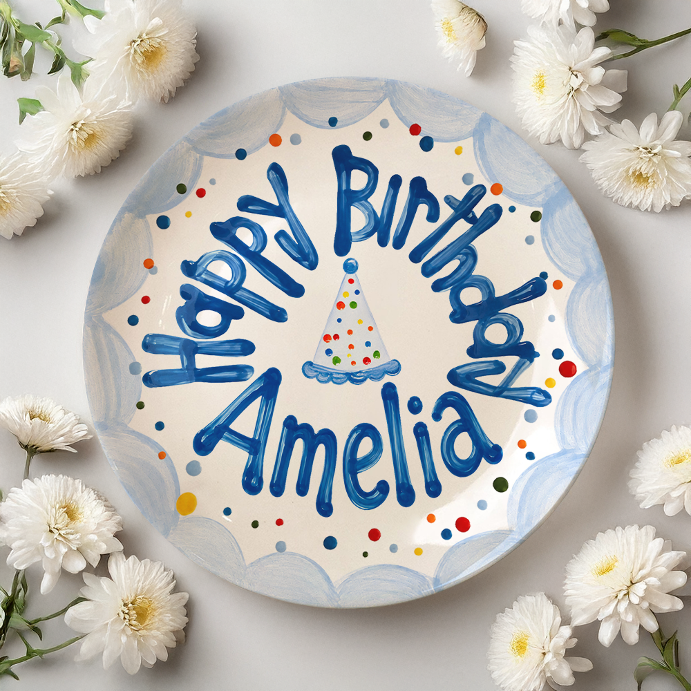 Custom Name Birthday Party Hat & Confetti Ceramic Plate – Personalized Birthday Gift LM32 669409