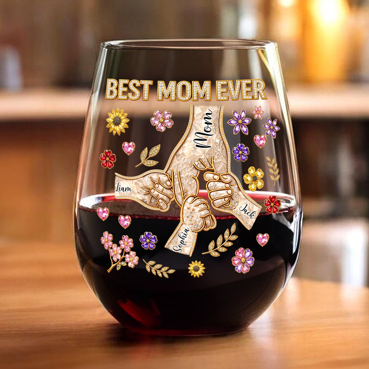 Best Mom Ever Personalized Holding Hand 3D Effect Wine Glass CH07 911196