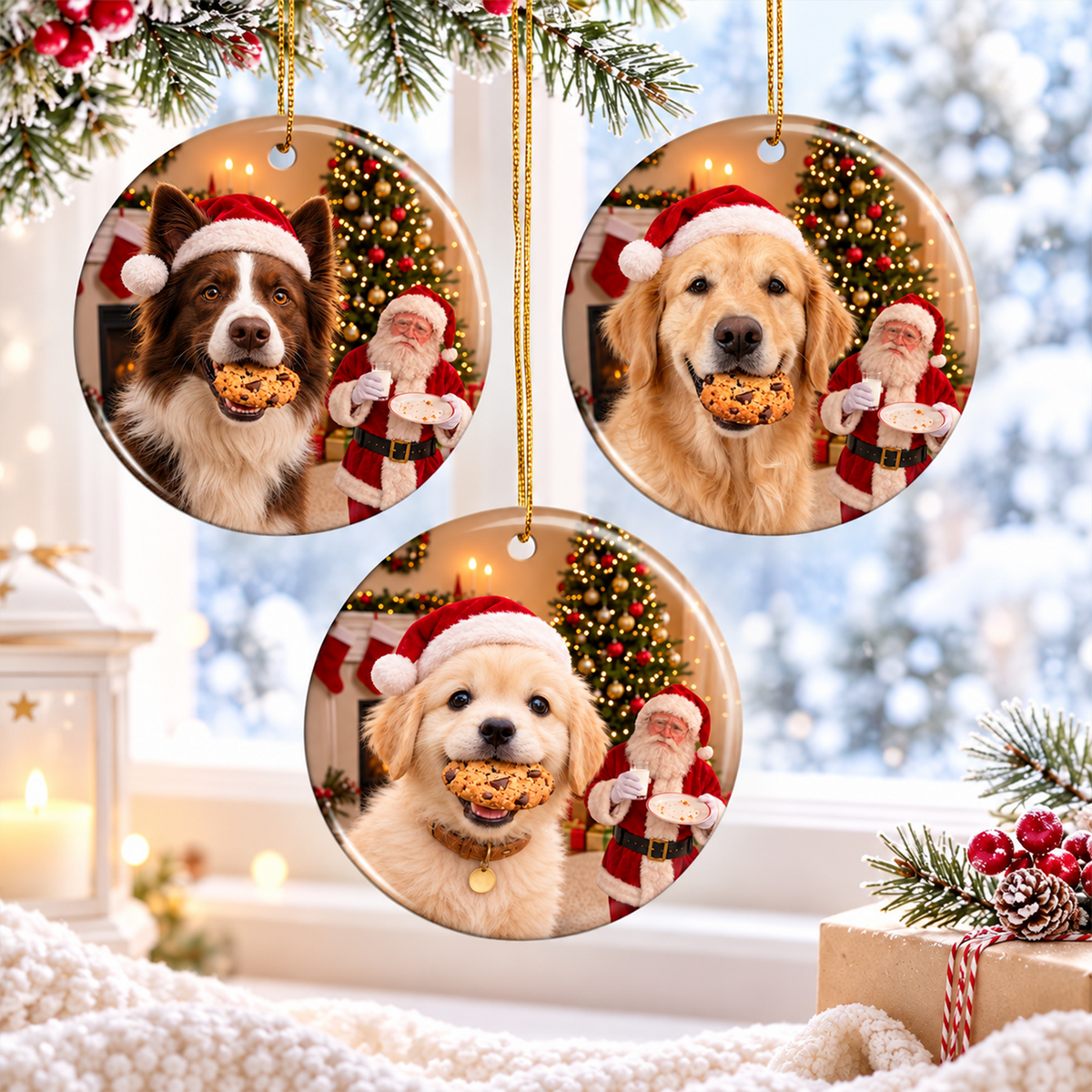 Custom Photo Funny Dog Steals Cookie From Santa Personalized Ceramic Ornament HA75 919588