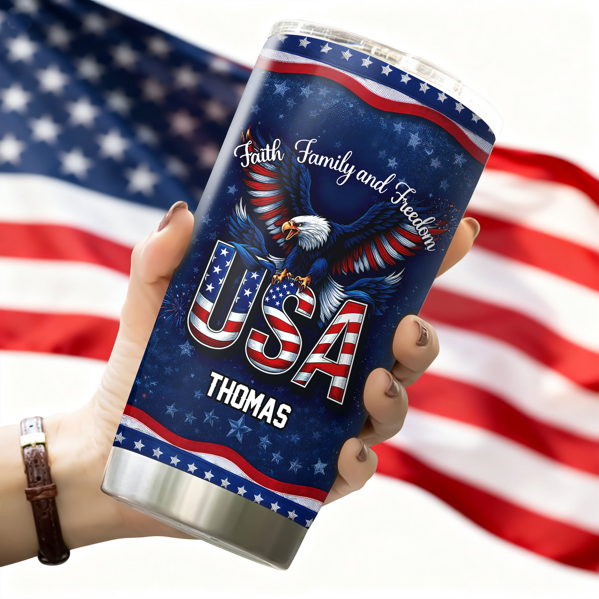 Custom Name Faith, Family & Freedom America 250 Years Anniversary Fat Tumbler 1776–2026 CH07 910590