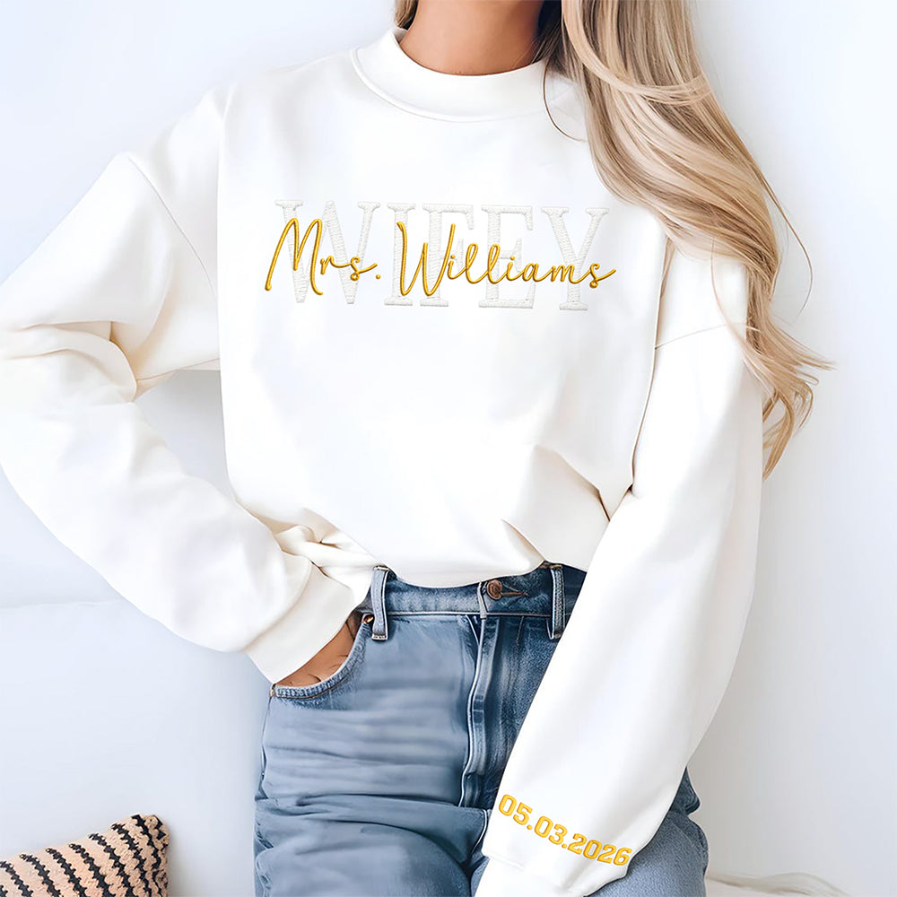 Personalized Wedding Gift, Wifey Mrs Sleeve Embroidered Sweatshirt LM32 899657