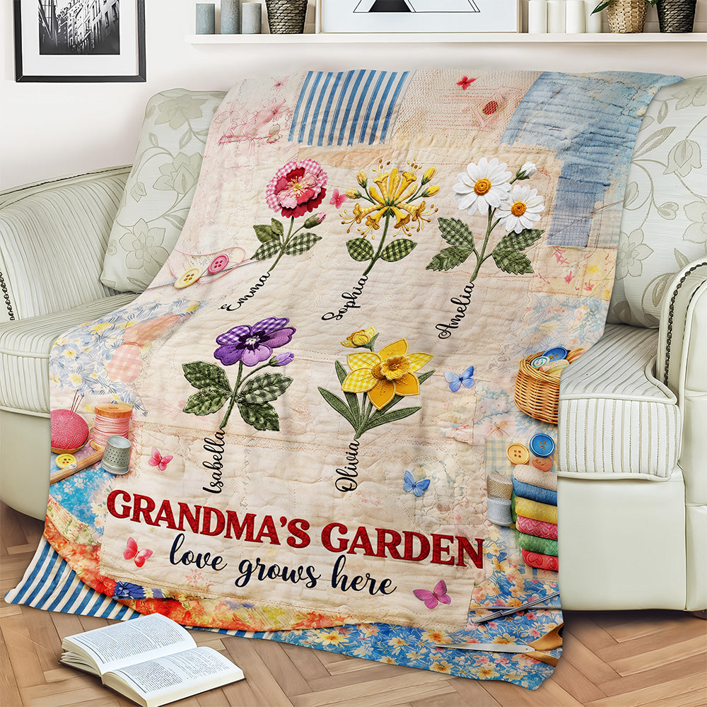 Custom Name Grandma's Garden Love Grows Here Blanket - Personalized Birth Flower Mother’s Day Gift CH07 911194