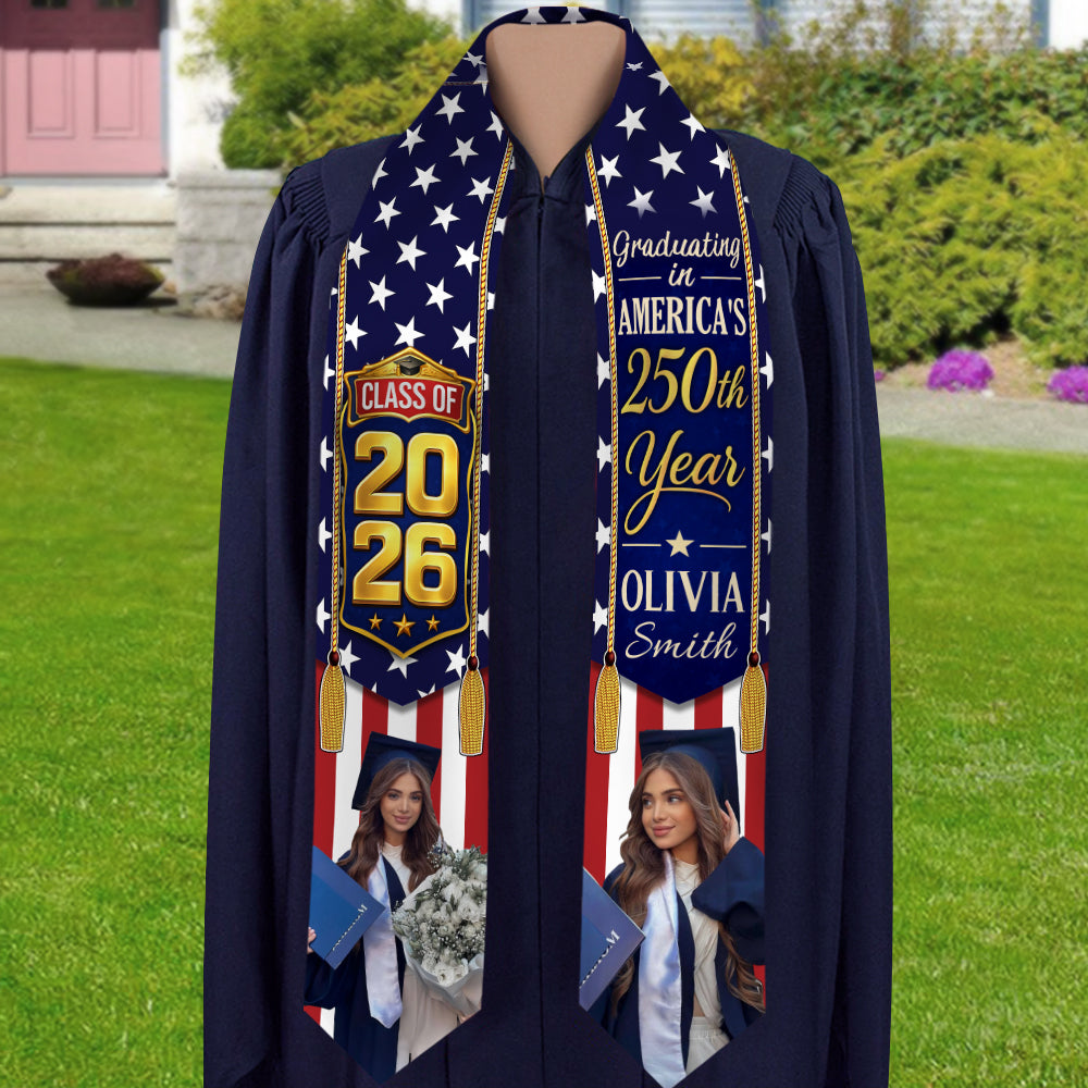 Custom Photo Class of 2026 Graduating in America’s 250th Year Patriotic Graduation Stole TH10 169199