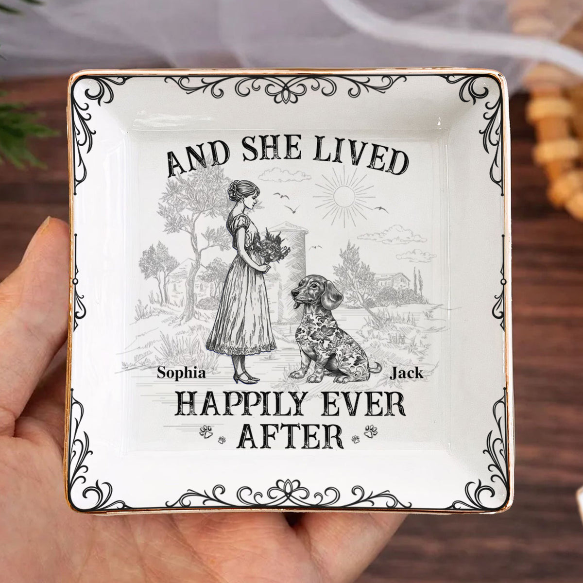 And She Lived Happily Ever After Dog Toile De Jouy Personalized Jewelry Dish LM32 893845