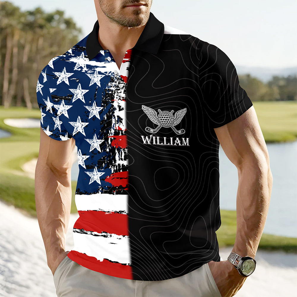 Personalized Name Golf Man American Flag Polo Shirt For Golfer LM32 899087