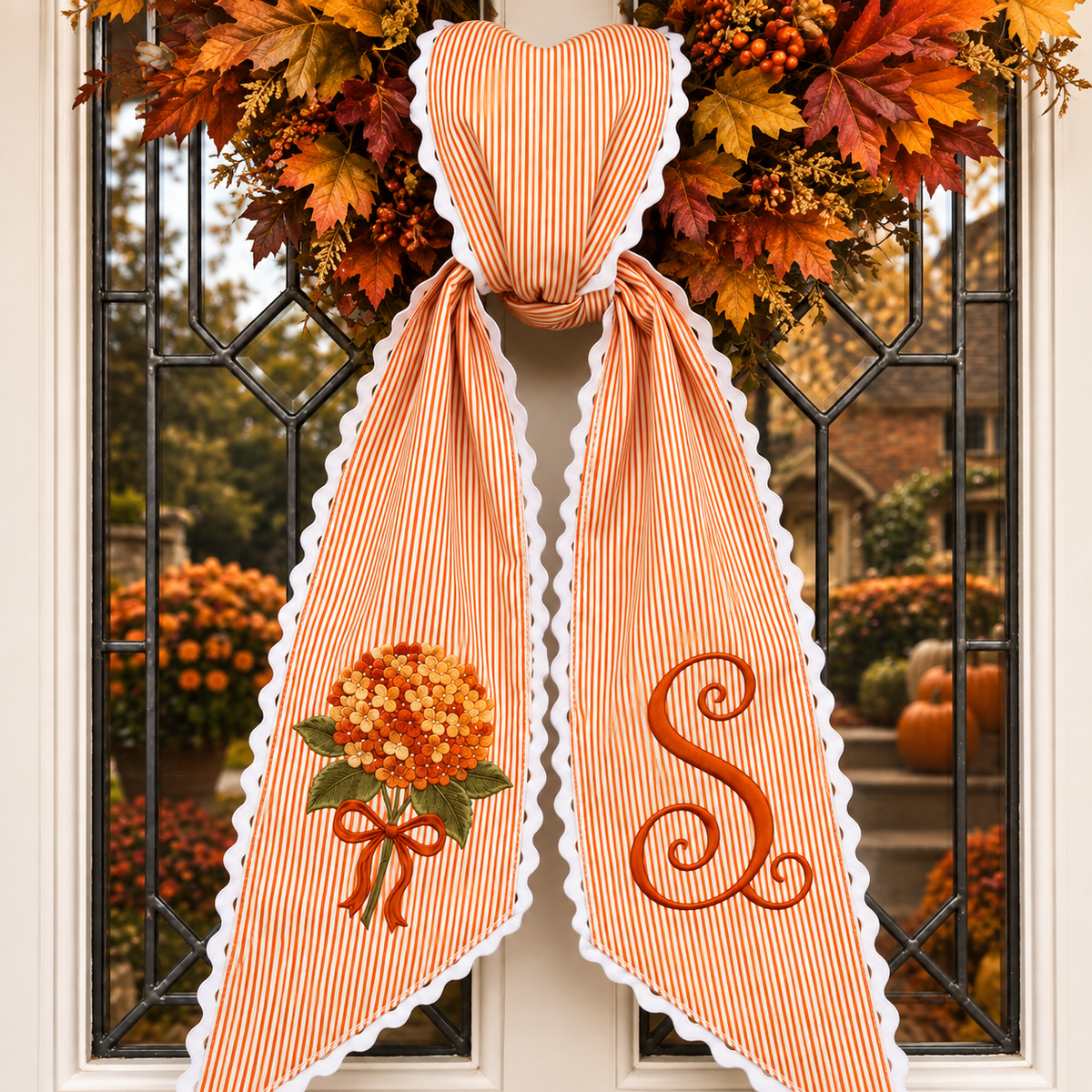 Personalized Embroidered Monogram Hydrangea Wreath Sash Bow LM32 669845