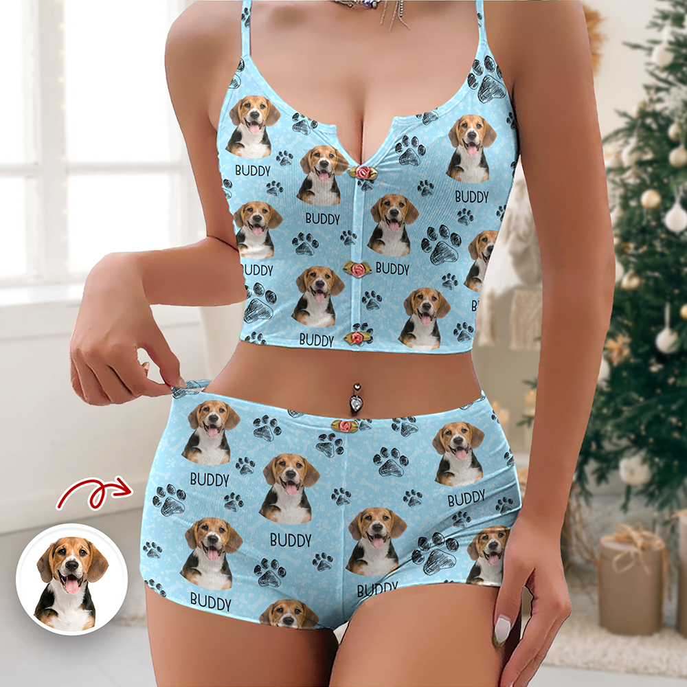 Custom Portrait Photo Dog Cat Christmas Appliques Notched Neckline Lingerie Set LM32 893905