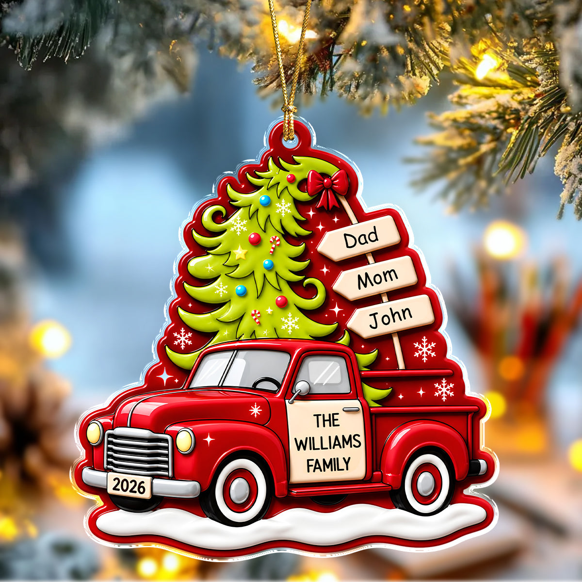 Custom Family Name Christmas Tree Red Truck Acrylic Ornament, Christmas Decoration for Families CH07 180740