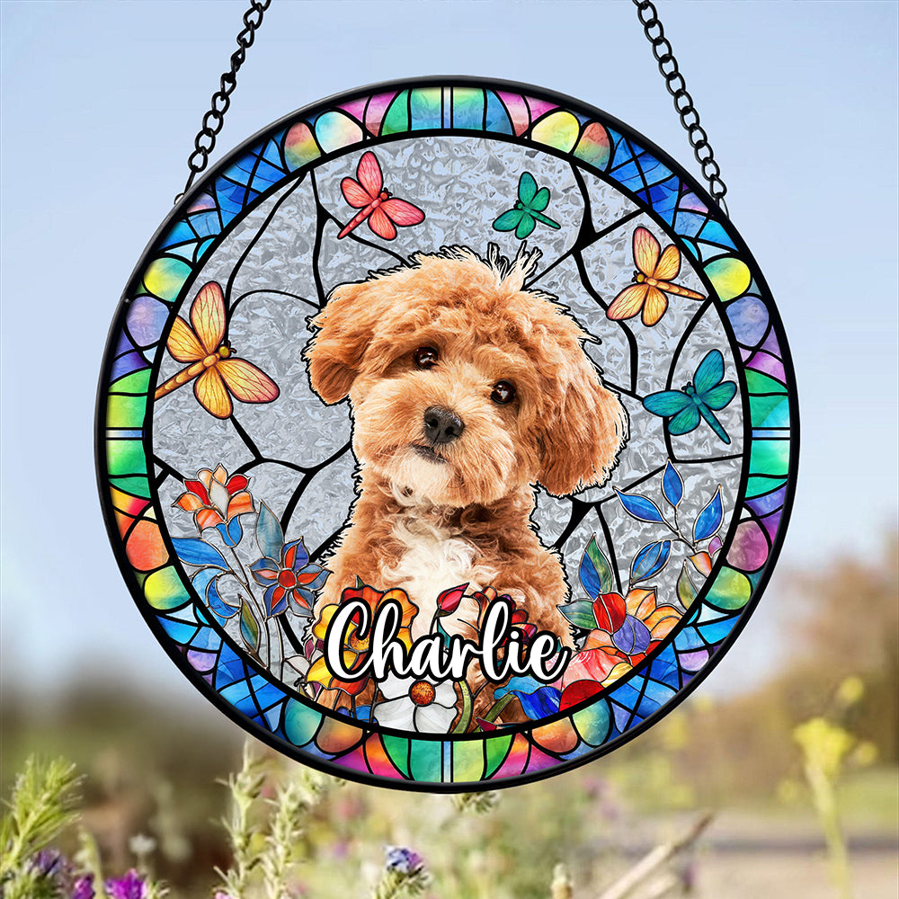 Custom Dog Photo With Flower Memorial Stained Glass Suncatcher, Pet Loss Gift HO82 894318