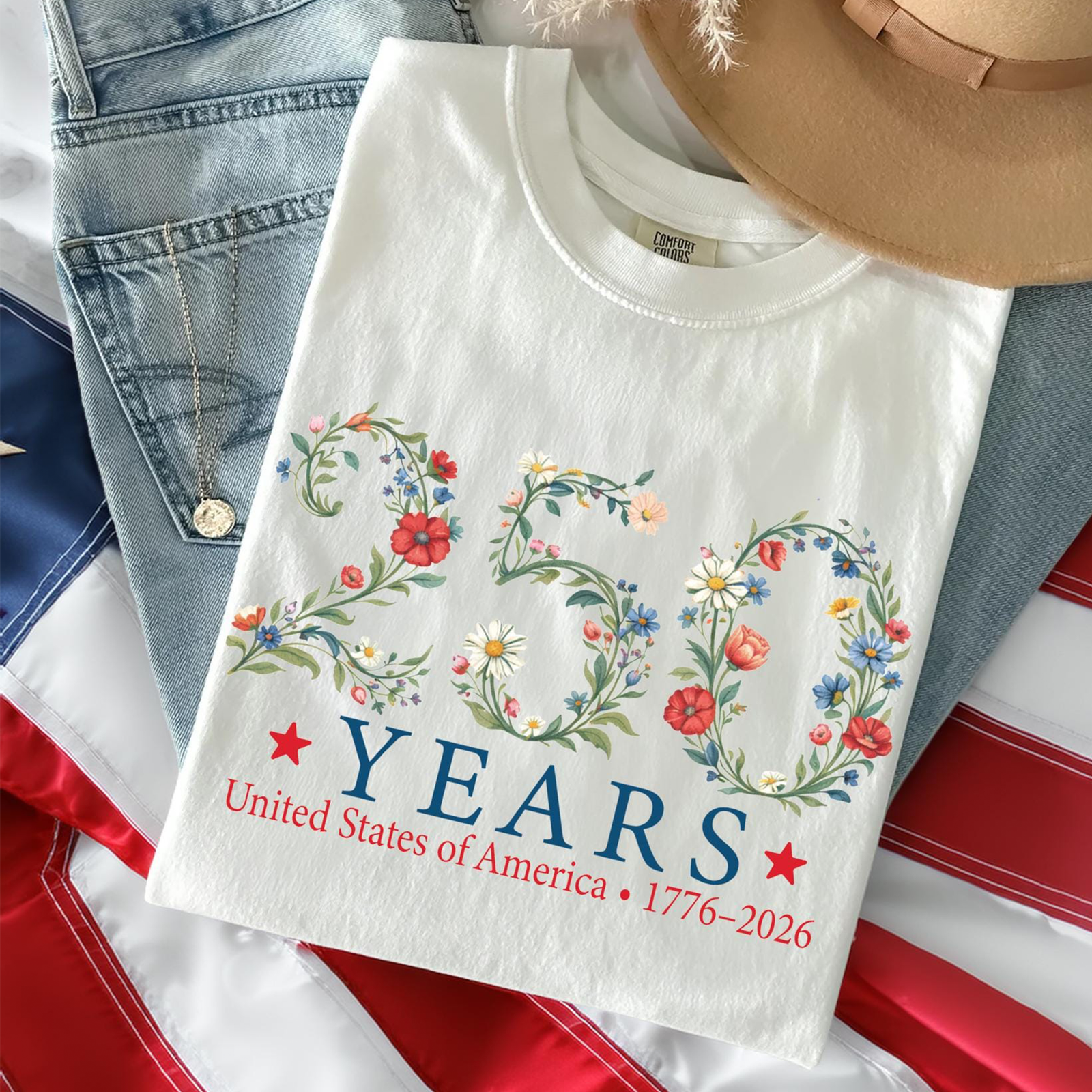 USA 250th Anniversary Floral Comfort Color Shirt 1776–2026 Freedom Celebration Shirt CH07 910976