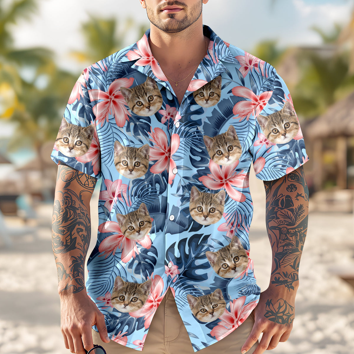 Custom Photo Funny Face Cat Tropical Floral Hawaii Shirt HA75 892262