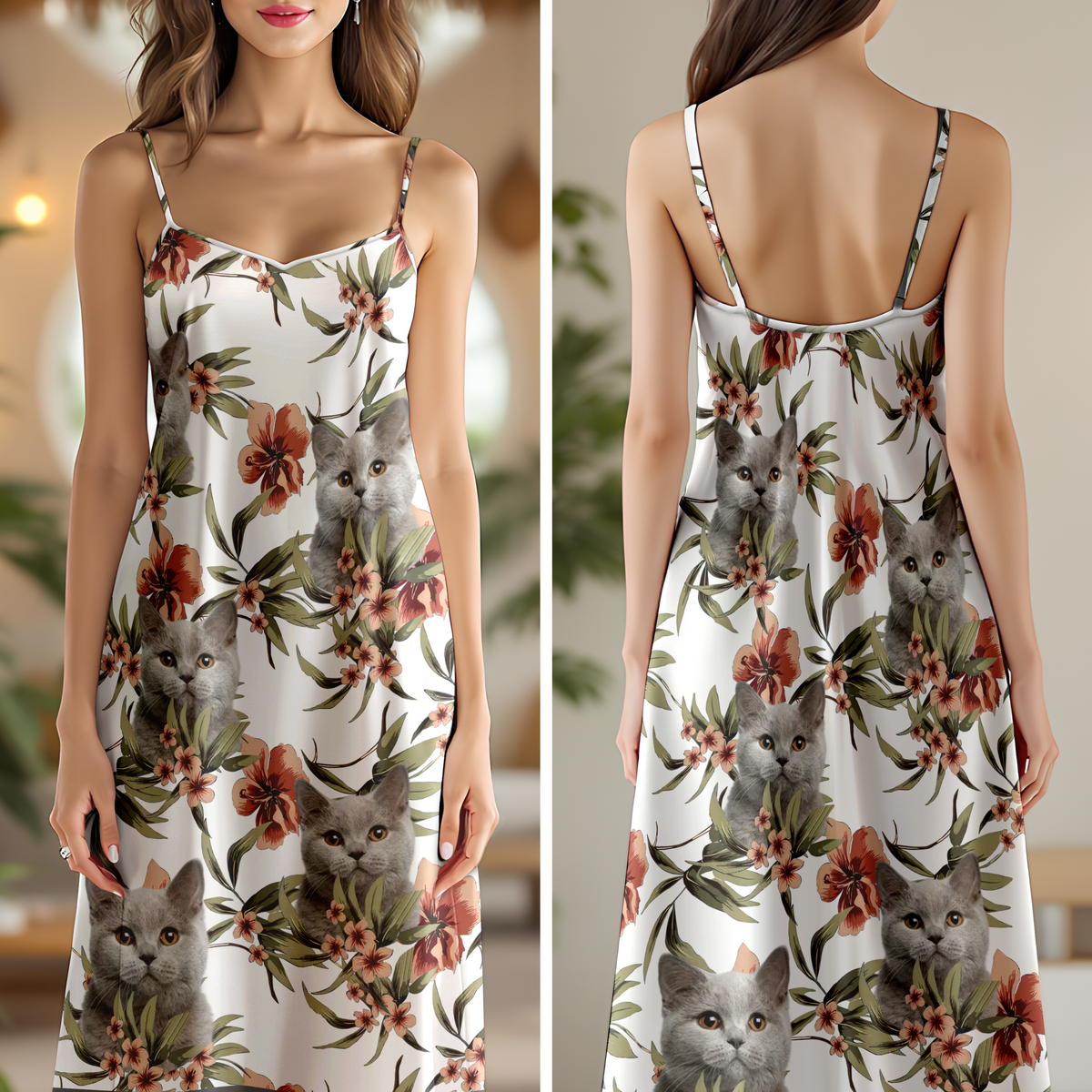 Custom Cat Photo With Floral Pattern Women's V-neck Cami Maxi Dress LM32 893327
