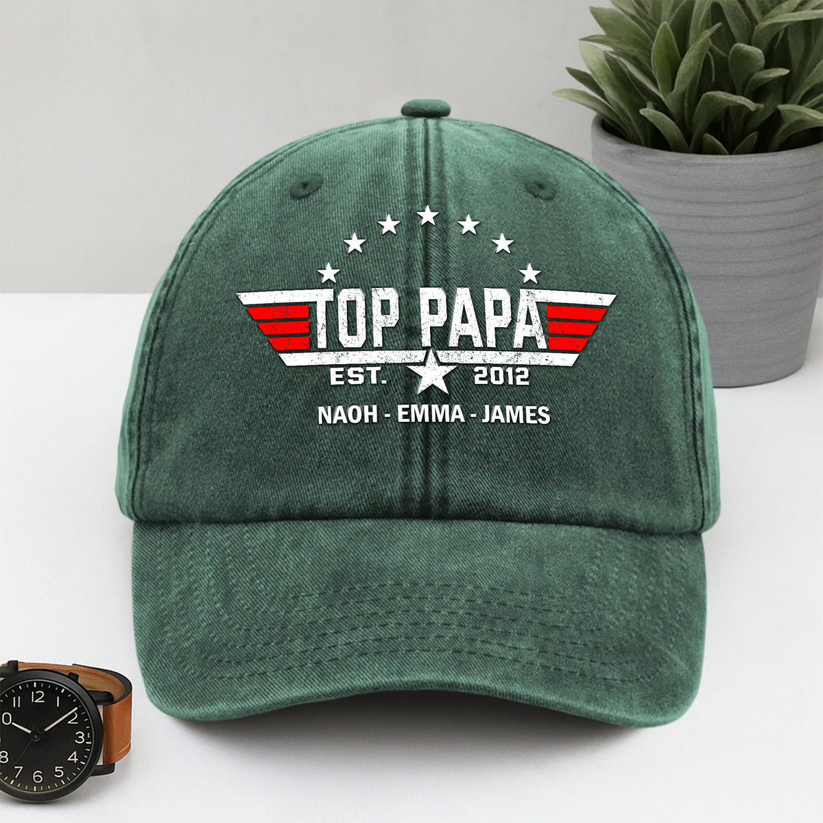 Custom Kid Name Personalized Top Papa American Washed Denim Baseball Cap CH07 896012